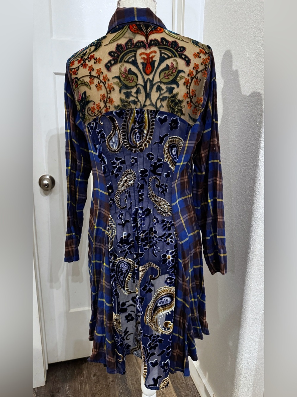 Aratta Silent Journey Plaid Velvet Mixed Media Boho Shirt Dress